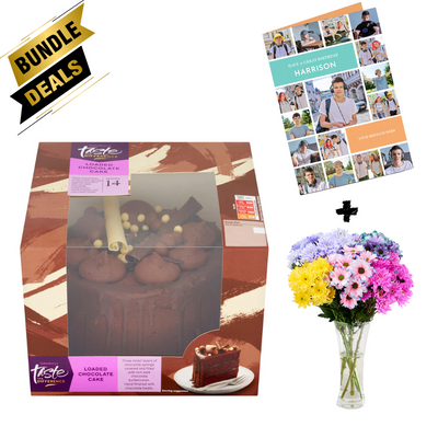 Gift Bundle - Loaded Chocolate Cake with Birthday Card and Dyed Chrysanthemums Flower