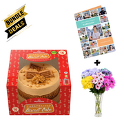 Gift Bundle - Caramel Biscuit Cake with Photo Birthday Card and Dyed Chrysanthemums Flower